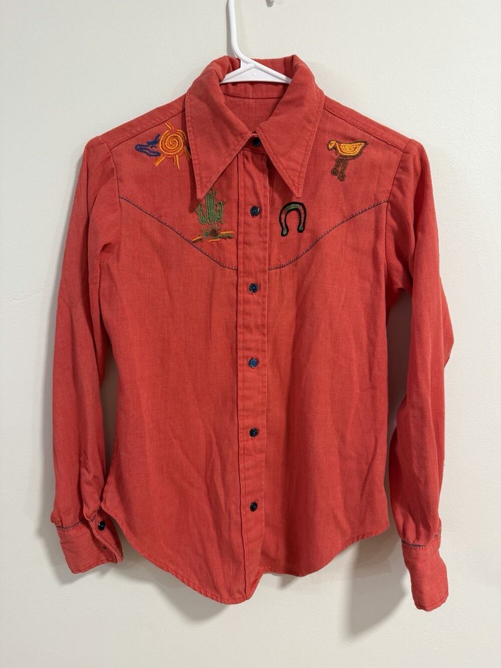 VTG Southwestern Embroidered Desert Scene Cowboy Horse Cactus Button Up Shirt XS